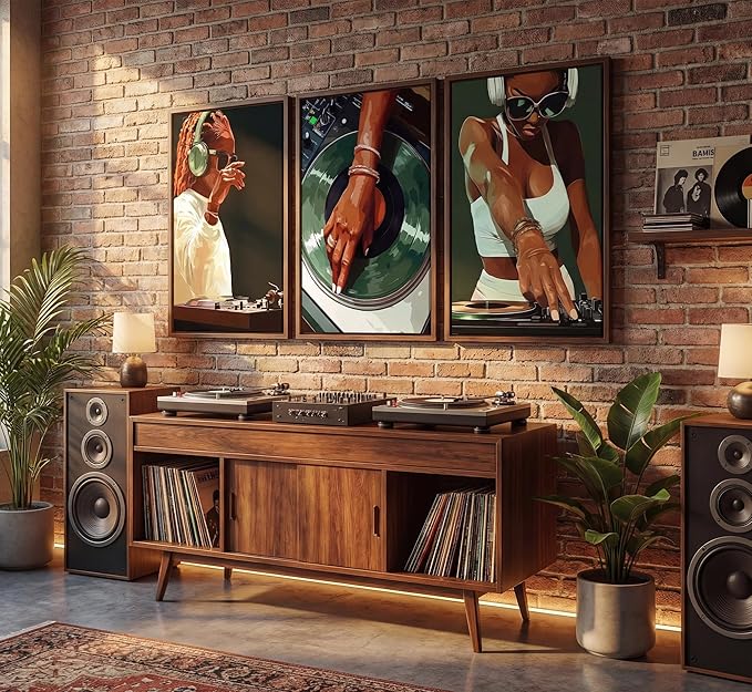 3pcs Trendy Black Girly Dj Canvas Wall Art Fashion African American Black Women Posters Prints Paintings Muisc Record Wall Decor Pictures for Bedroom Living Room Decoration Unframed