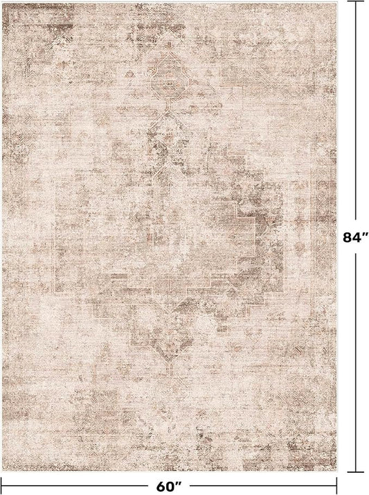 Hazo Haus Washable 5x7 Area Rugs for Living Room, Neutral Beige & Peach Farmhouse Rug for Dining Room & Bedroom, Ultra Soft Low-Pile Non-Slip Stain Resistant