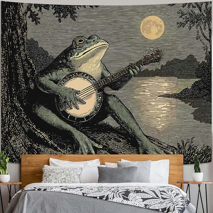 Leeisysme Funny Frog Tapestry, Boho Vintage Wall Hanging with Playing Banjo, Aesthetic Meme Decor for Bedroom Dorm Living Room, 60x80 inches