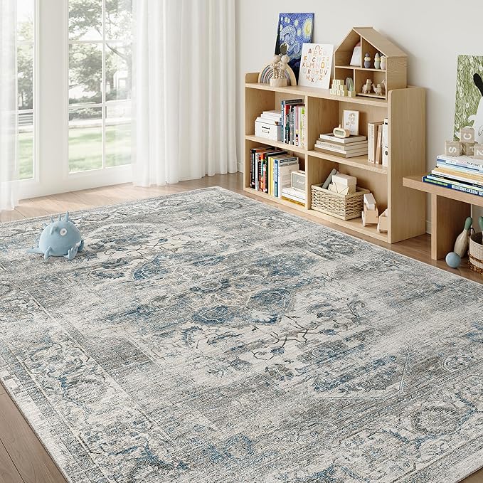 Washable 5x7 Area Rug - Soft Indoor Low Pile Rugs with Non Slip Backing for Living Room Bedroom Stain Resistant Vintage Carpet for Home Decor Mat (Blue/Grey,5'x7')