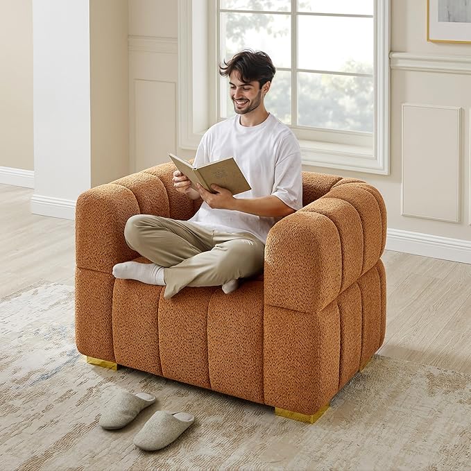 VANOMi 44.09”Oversized Accent Chair, Boucle Armchair with Deep Seat, Comfy Reading Chair for Living Room, Bedroom, Office, Apartment, Curry (1 Piece)