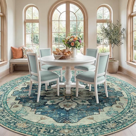 RELEANY Area Rugs Round 8ft Washable Non-Slip, Floral Vintage Distress Print Pattern Medallion Carpet for Living Room Bedroom Dining Room, Dark Blue Vintage