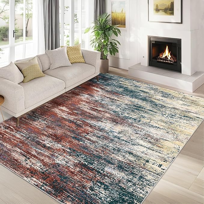 ROYHOME Modern Abstract Living Room Rug 10x13, Machine Washable Large Carpet, Non Slip Low Pile Throw Rug, Ultra Soft Indoor Floor Carpet for Bedroom Dining Room Table Home Decor, Red/Multi