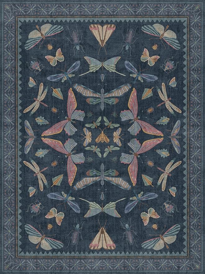 Navy Blue 6x8 Boho Rug for Living Room, Stain Resistant Non Slip Area Rug for Dining Room & Bedroom, Dark Vintage Insect Carpet, Soft Low Pile