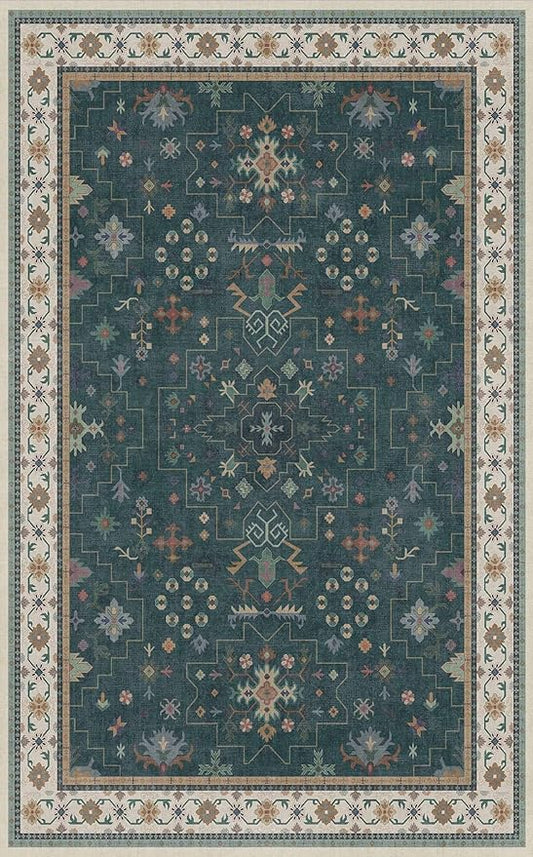 Hazo Haus Dark Green Oushak 5x8 Living Room Rug - Modern Vintage Boho Eclectic Floral Pastel, Washable Low Pile Non-Slip Large Area Rugs for Nursery Dining Under Table Bedroom Lounge