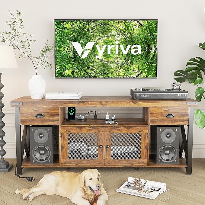 TV Stand for TV up to 55 Inches,Farmhouse Entertainment Center with 2 Drawers & Storage Cabinets, Industrial Media Console Table with Small Speaker Stand for Living Room, Bedroom, Rustic Brown