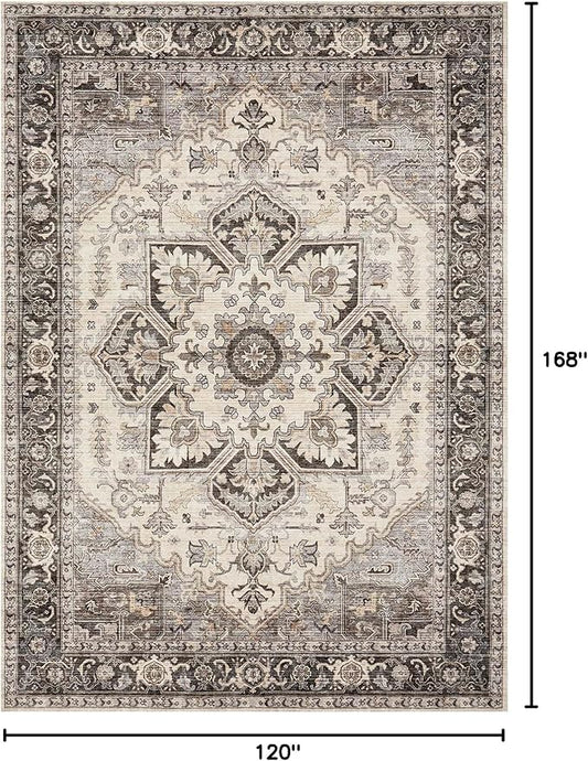 Area Rug for Living Room - 10x14 Soft Machine Washable Oriental Vintage Floral Distressed Large Indoor Floor Carpet for Bedroom Under Dining Table Home Office Decor - Grey Brown