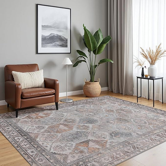 Bavni Washable Rug 8x10 Area Rug for Living Room Bedroom Dining, Washable Vintage Print Carpet, Ultra-Thin Chenille Low Pile Lightweight Rug with Non Slip Backing, Retro Grey