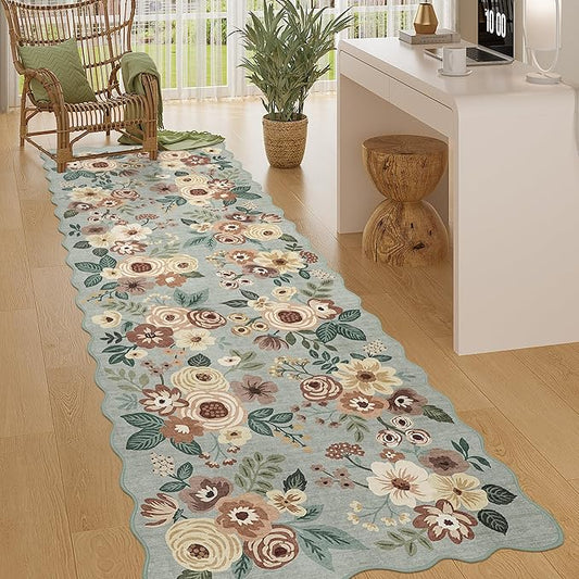 DUKINO 2x10 Runner Rug for Hallway, Washable Kitchen Rug with Non Slip Backing & Non-Shediing, Soft Low Pile Floral Design Runner for Bedroom, Kithchen, Living Room, Laundry, Bathroom, Sage Green
