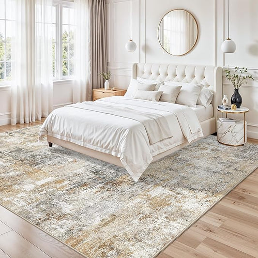 10x10 ft Square Living Room Rug – Washable Modern Abstract Area Rug for Bedroom, Dining Room, Playroom – Neutral Non-Slip Low-Pile Thin Indoor Carpet (Gold Grey)