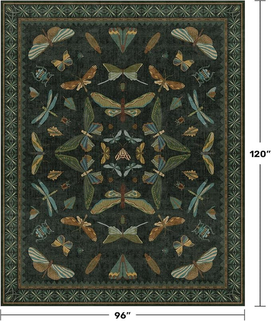Hazo Haus Dark Green Insect Area Rugs 8x10 for Living Room, Dining Room Under Table, Bedroom, Unique Washable Floral Non Slip Low Pile Soft Rug