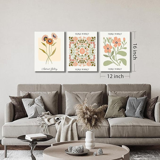SKYRISE 3 PCS Boho Floral Canvas Wall Art, Rustic Botanical Canvas Paintings Prints ArtWork for Living Room, Vintage Flower Pictures for Farmhouse Dining Room Hallway Bedroom Wall Decor 12"x16"