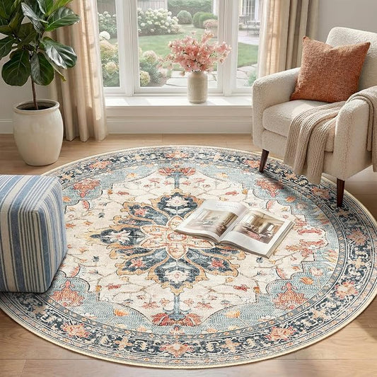 RELEANY Area Rugs Round 4ft Washable Non-Slip, Floral Vintage Distress Print Pattern Medallion Carpet for Living Room Bedroom Dining Room, Beige Navy Blue Orange Colorful