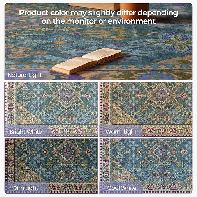 8x10 Area Rugs for Living Room, Machine Washable Low Pile Rug, Non Slip Backing Boho Rugs for Bedroom, Printed Soft Vintage Carpet Teal Green Purple 8 x 10