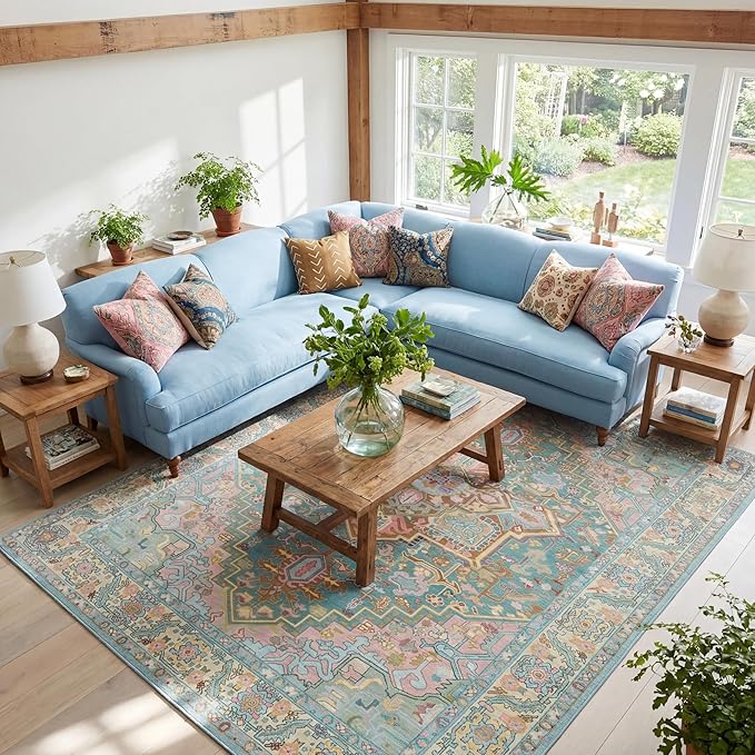 Kokia 8x10 Washable Turquoise Teal Area Rugs with Vintage Orient Design Soft Rug for Living Room or Bedroom Non-Slip Low Pile Stain Resistance Features Distressed Medallion Pattern