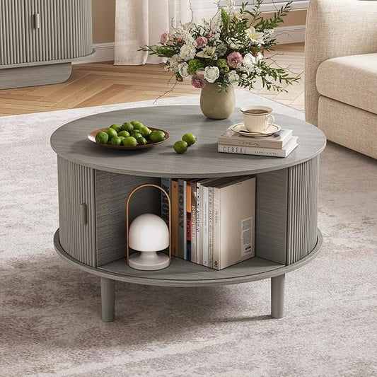 Coffee Table and TV Stand Set of 2, Round Center Table with Storage, Fluted Coffee Table with 360ยฐ Sliding Doors, 86.6" Entertainment Center for Bedroom, Living Room, Grey