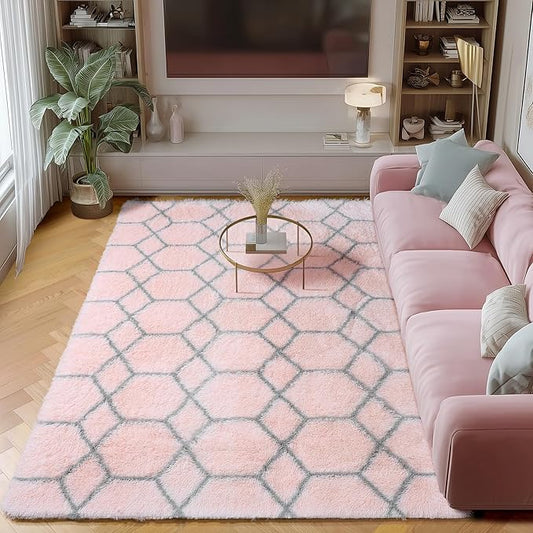 ONASAR Area Rugs for Bedroom Living Room, 4x6 Fluffy Pink and Grey Throw Rug, Shaggy Geometric Soft Plush Floor Carpet for Nursery Girls Teen Playroom Dorm Home Decor Aesthetic