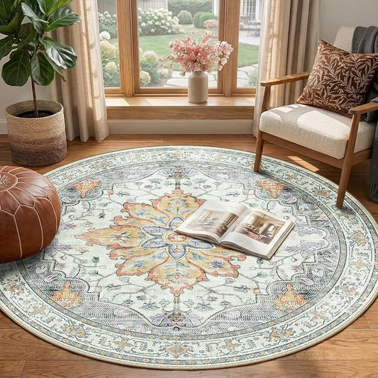RELEANY Area Rugs Round 4ft Washable Non-Slip, Floral Vintage Distress Print Pattern Medallion Carpet for Living Room Bedroom Dining Room, Light Yellow Carbon Grey Orange