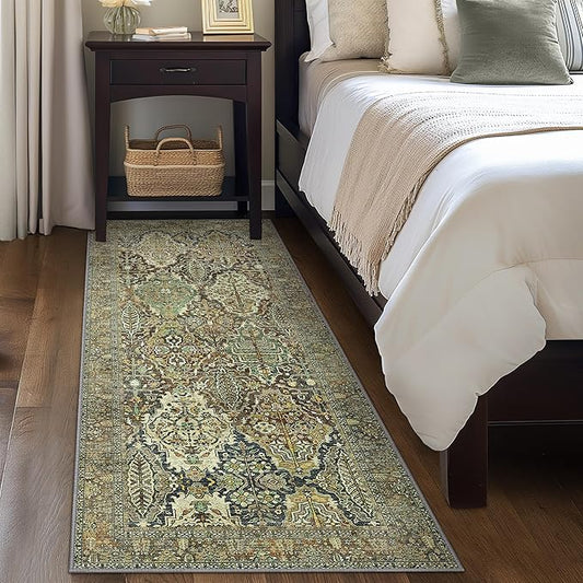 2x7 Runner Rug Machine Washable Boho Rug Runners for Hallway,Ultra-Thin Low Pile Rug,Lightweight Indoor Carpet,Non Slip Floral Runners for Enrtyway, Corridor, Home Office, Kitchen,Sage Green
