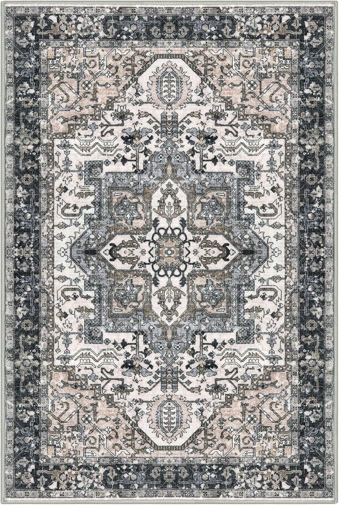 KOZYFLY Area Rug 4x6 Ft Washable Rugs for Entryway Non Slip Faux Wool Printed Throw Rug for Kitchen Bedroom Hallway Living Room Indoor Floor Decoration, Black/Taupe/Beige