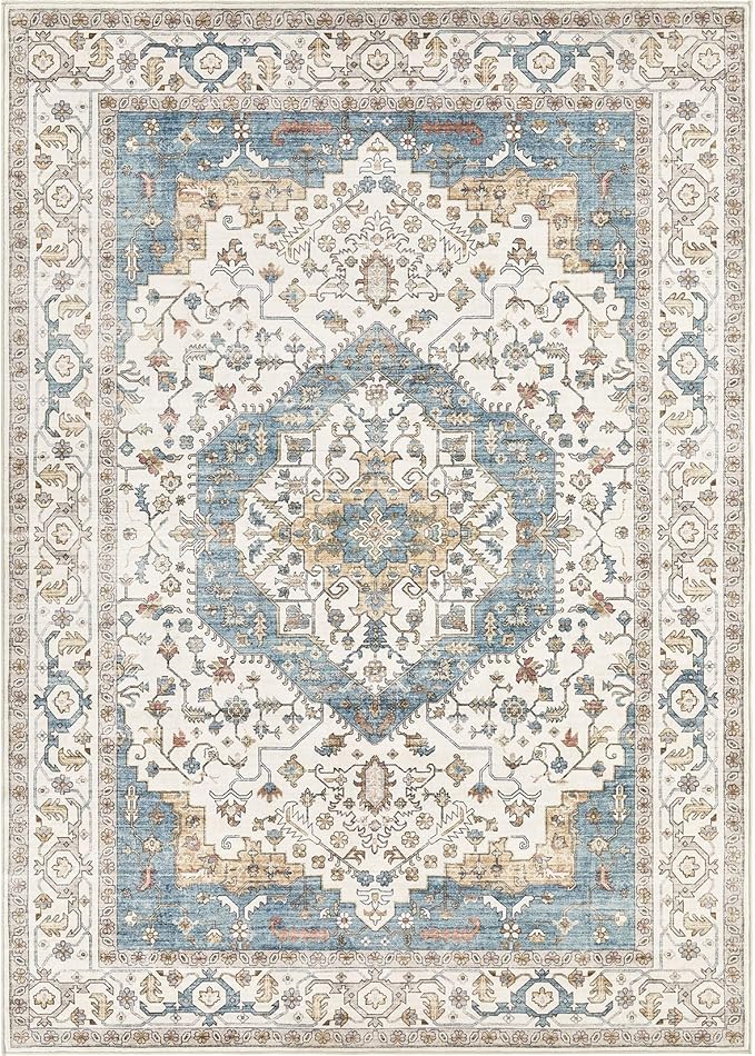 Area Rug for Living Room - 7x9 Soft Washable Oriental Vintage Floral Distressed Large Carpet - Fade Stain Resistant Non Slip Rugs for Bedroom Dining Room Nursery Dorm Office Home Decor - Blue/Beige