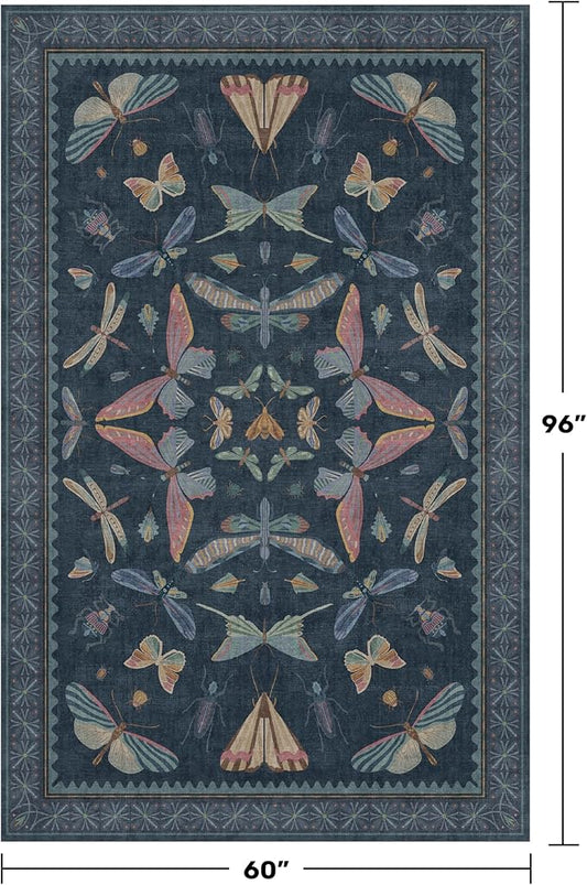 Blue 5x8 Washable Living Room Rugs - Stain Resistant Non Slip Insect Rug for Dining Room, Low Pile & Soft Carpet for Bedroom, Dark Vintage Décor Indoor, Non Skid with Rubber Backing