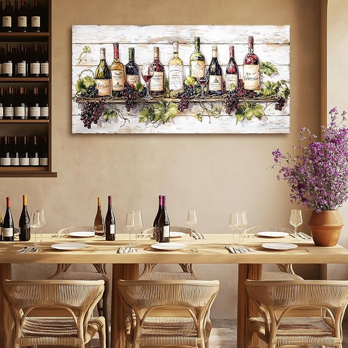 crmotu Still Life Kitchen Wall Art, Wine Bottle Extra Large Artwork, French Country Home Bar Decor Paintings, Modern Home Wall Decor Dining Room Wine Cellar Canvas Art Prints Ready to Hang 29x57inch
