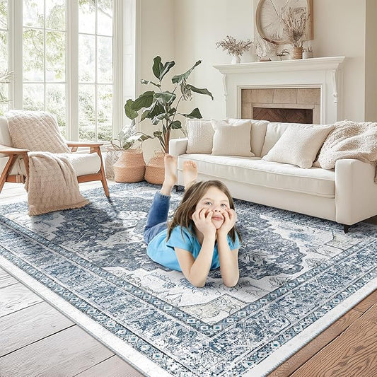 BESTSWEETIE 6x9 Area Rug Washable Rugs for Living Room, No Pile Boho Carpet for Entryway Bedroom Dinning Room, Vintage Carpet Print Distressed Non-Slip, 6 x 9 ft, Blue Grey White