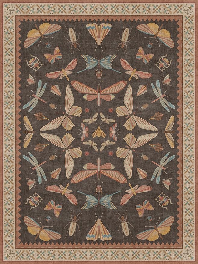 Brown 9x12 Living Room Area Rug, Washable Whimsical Insect Carpet for Bedroom & Dining Room, Farmhouse Low Pile Stain Resistant Rug