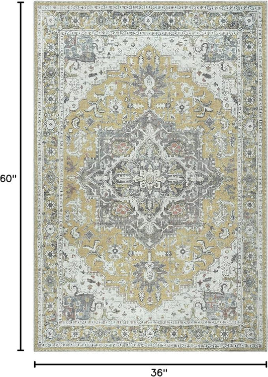 Bloom Rugs Washable Non-Slip 3' x 5' Rug - Yellow Traditional Medallion Area Rug for Living Room, Bedroom, Dining Room, and Kitchen - Exact Size: 3' x 5'