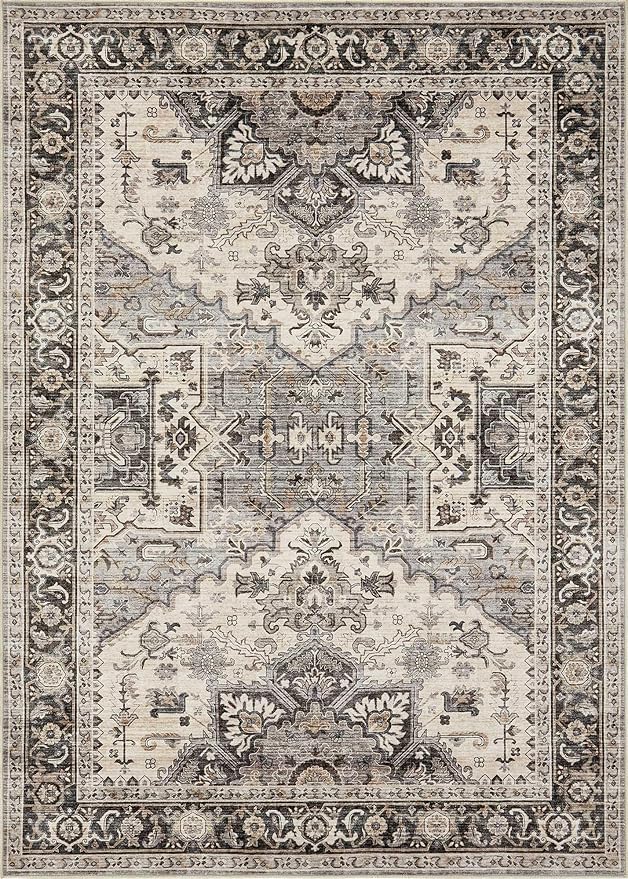 Area Rug for Living Room - 7x9 Soft Washable Oriental Vintage Floral Distressed Large Carpet - Fade Stain Resistant Non Slip Rugs for Bedroom Dining Room Nursery Dorm Office Home Decor - Brown