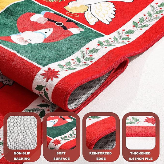 8x10 Area Rugs for Living Room, Washable Checkered Vintage Floral Carpet, Non Slip Low Pile Soft Large Geometric Rugs for Bedroom Bedside Farmhouse Dining Room Kids Nursery, Red