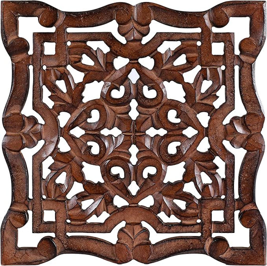 Woodify Hand-Carved Wooden Wall Décor – Set of 4, 12" x 12" Decorative Wood Panels, Floral Design, Natural Burnt Finish, Wall Art for Living Room & Home Décor