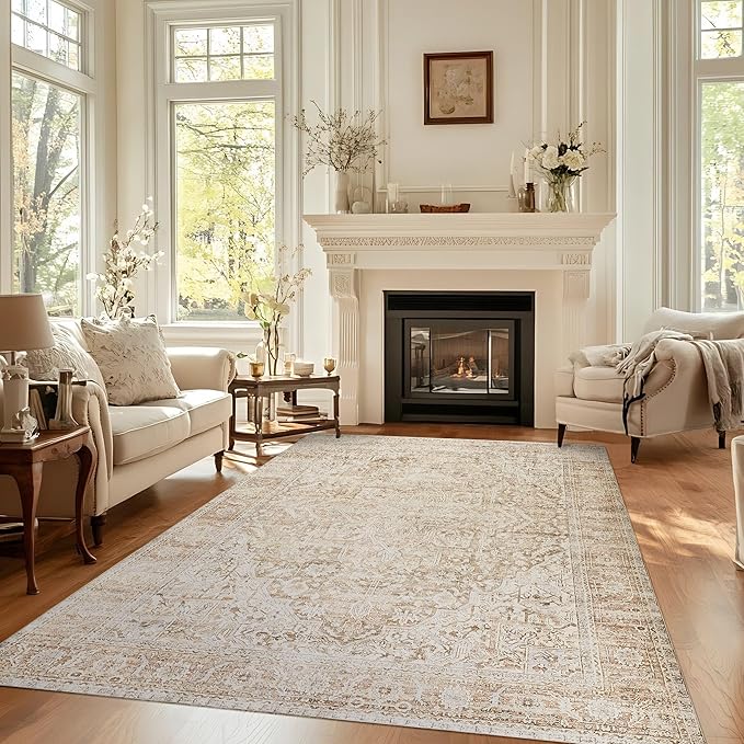 BILEEHOME Tan Area Rug 6x9 for Living Room,Washable Stain Resistant Rustic Country Farmhouse Rugs for Dining Room Table,Sand Beige