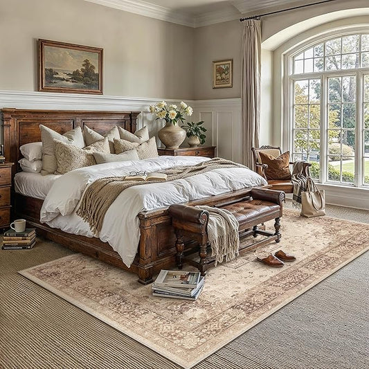 PureCozy Brown 5x7 Area Rug Washable Vintage Living Room Carpet Non Slip Retro Distressed Low Pile Soft Oriental Medallion Thin Throw Rug for Kitchen Bathroom Office Bedroom Dining Room