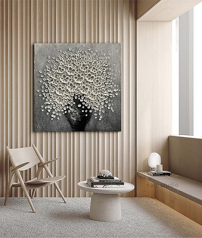 Canvas Wall Art Grey and White Flower Painting, 30x30 inchs Modern Flower Tray Knife Painting, Bedroom Kitchen Dining Room Living Room Office Home Wall Decoration