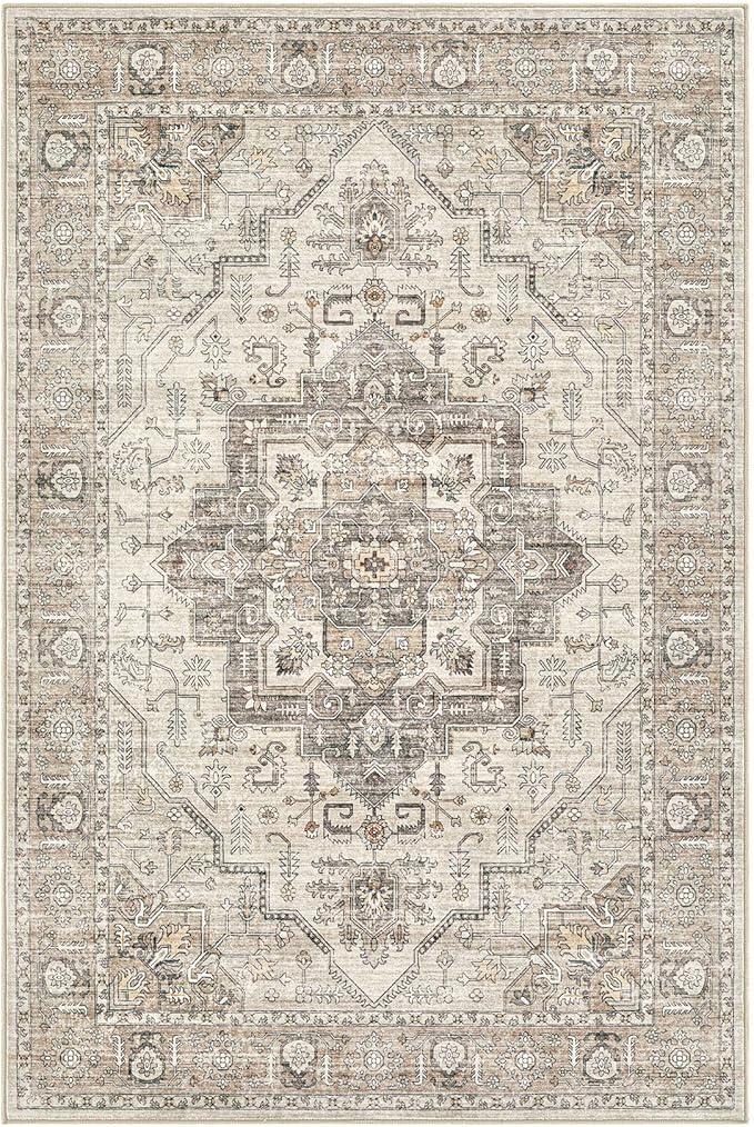 Area Rug 8x10 Washable Vintage - Soft Traditional Rugs for Living Room Large Non Slip Backing with Low Pile Farmhouse Oriental Retro Carpet for Bedroom Dining Room or Home Office - Light Brown