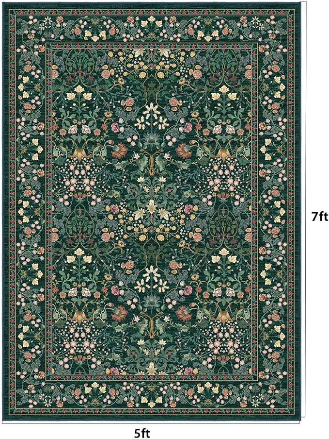 AMADA HOMEFURNISHING 5x7 Area Rug, Washable Living Room Rug with Non-Slip Backing, Low Pile and Durable Edge Binding, Vintage Soft Floral Rugs for Living Room, Bedroom, Dining Room