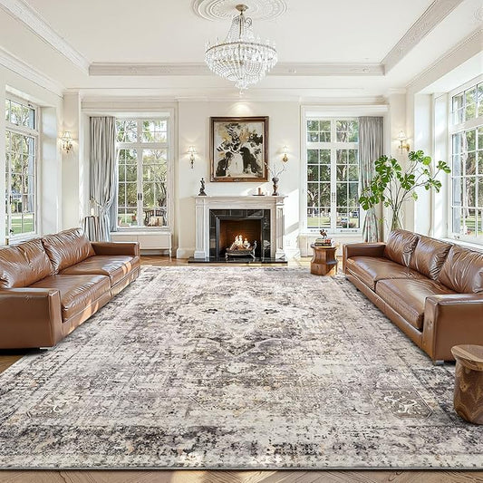 YOH Boho Washable Rug 8x10, Charcoal Gray Vintage Non Slip Area Rug, Distressed Indoor Carpet for Living Room Bedroom Kitchen Office
