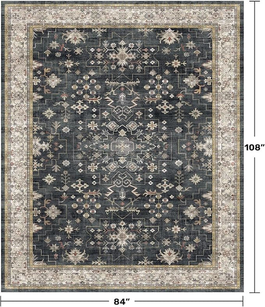 Hazo Haus Boho Dining Room Rugs for Under Table - 7x9 Washable Black Area Rug for Living Room, Low Pile Non-Slip Rugs for Bedroom Under Bed - Charming Farmhouse Decor & Stain Resistance - Black/Multi