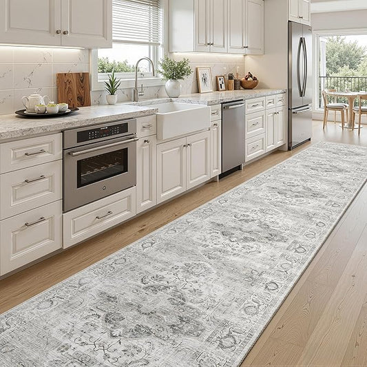 Washable 2.6x16 Runner Rug - Non Slip Long Vintage Hallway Runner Rugs for Kitchen Stain Resistant Indoor Mat Waterproof Carpet for Living Room Entryway Ivory/Gray