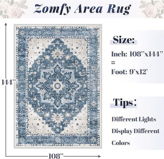 Area Rug 9x12 Vintage Rug: Large Washable Indoor Medallion Rugs Low Pile Distressed Floor Carpet Retro Accent Rug for Living Room Bedroom Kitchen Dining Table Home Office(Blue, 9'x12')