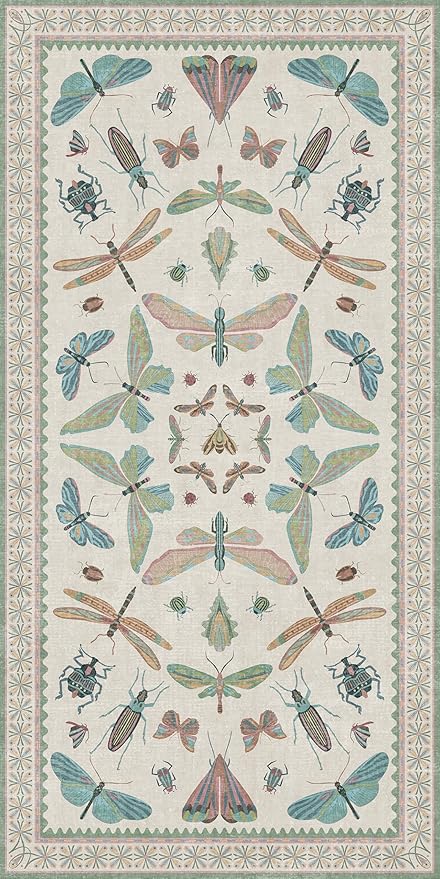 Washable 3x6 Area Rug for Entryway, Sage Green Vintage Floral Rug for Laundry Room, Kitchen, Bedroom & Dorm, Non Slip Low Pile Insect Print Stain Resistant Carpet