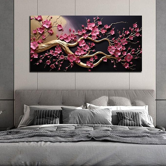 Ouzzlie Flower Wall Decor for Office Plum Blossom Tree Picture Black Canvas Art Gold Artwork Print for Bedroom Living Room 24" x 48"