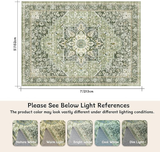 5×7 Machine Washable Rug for Living Room, Boho Vintage 5×7 Area Rug,Distressed Accent Low Pile Ultra Soft Large Carpet for Bedroom Bathroom Dining Room, Floral/Green