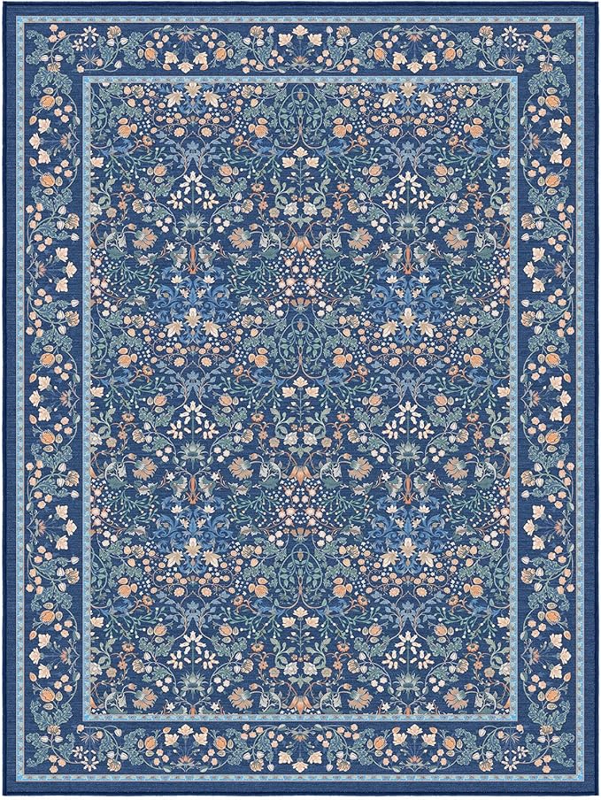 AMADA HOMEFURNISHING Large Area Rugs 9x12, Washable Floral Rug with Non-Slip Backing & Low Pile, Durable Edge Biding, Vintage Soft Floral Rug for Living Room, Bedroom and Dining Room