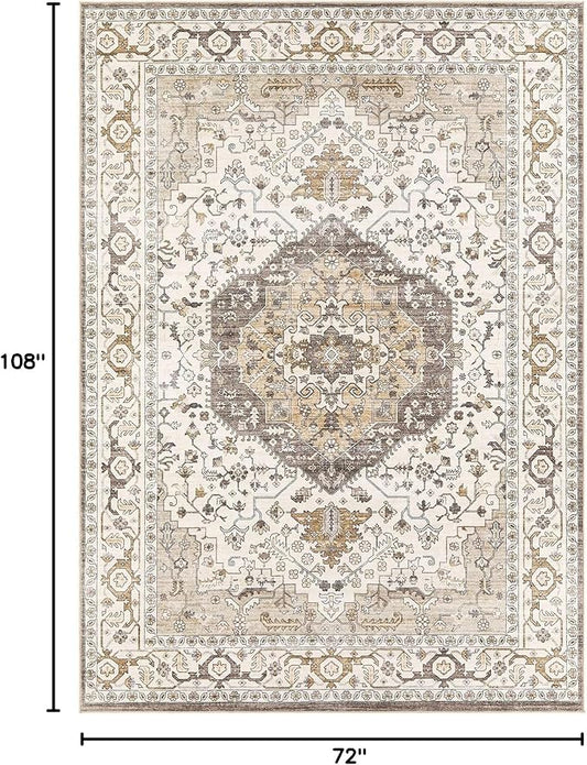 Area Rug for Living Room - 6x9 Soft Washable Oriental Vintage Floral Distressed Large Carpet - Fade Stain Resistant Non Slip Rugs for Bedroom Dining Room Nursery Dorm Office Home Decor-Camel/Beige