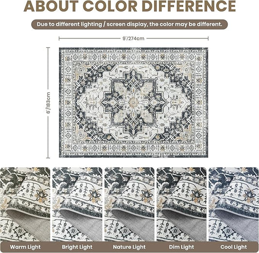 zesthome Washable Rug 6x9 Area Rugs,Stain Resistant Rugs for Living Room,Bedroom,Non-Slip Backing Home Decor Rug, Vintage Medallion Pattern Rugs (Black,6'x9')