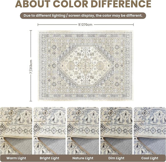 zesthome 7x9 Area Rug, Super Soft Washable Rugs for Living Room, Non-Slip Stain Resistant Vintage Rugs, Ultra-Thin Large Area Rugs (Beige,7'x9')