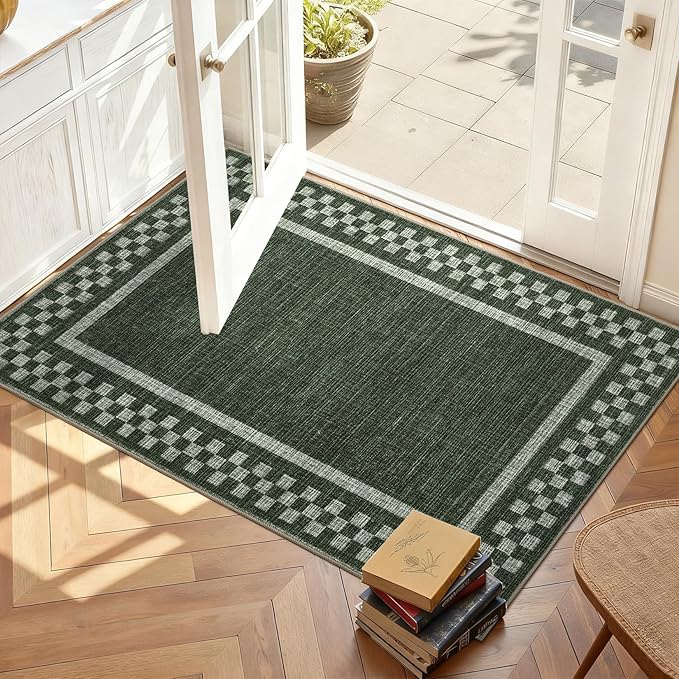 Small Area Rug 2x3 Modern Checkered Entry Rug Solid Color Scalloped Kitchen Rugs Washable Bedroom Doormat Non Slip Stain Resistant Bordered Throw Carpet for Living Room Nursery Laundry, Green